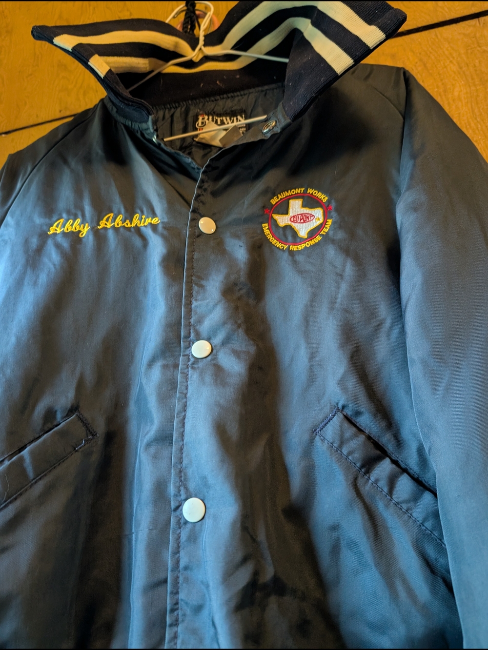 Retro 80's Navy Embroidered Bomber Jacket Windbreaker Snap Button Abby Coat Sz M - Picture 3 of 6